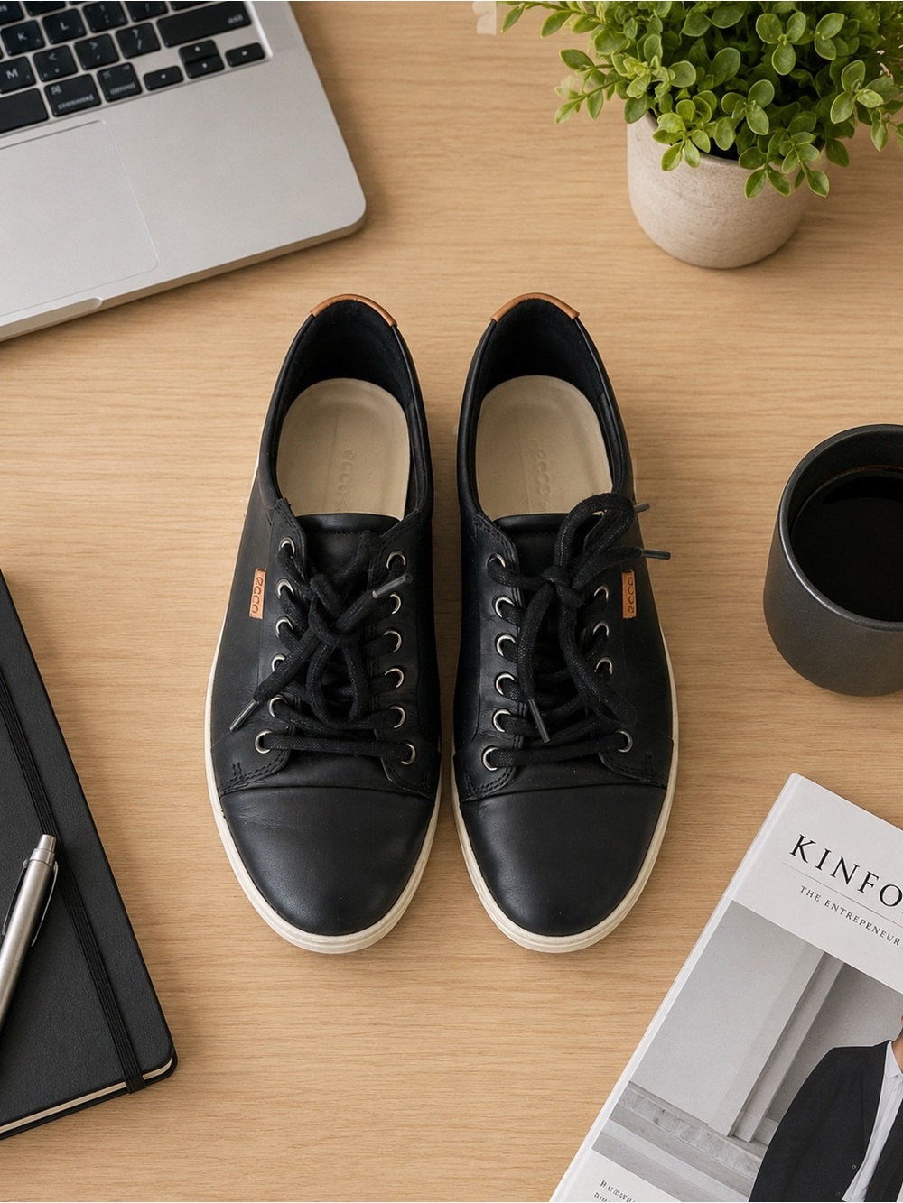 Ecco Black Leather Low-Top Sneakers with White Sole